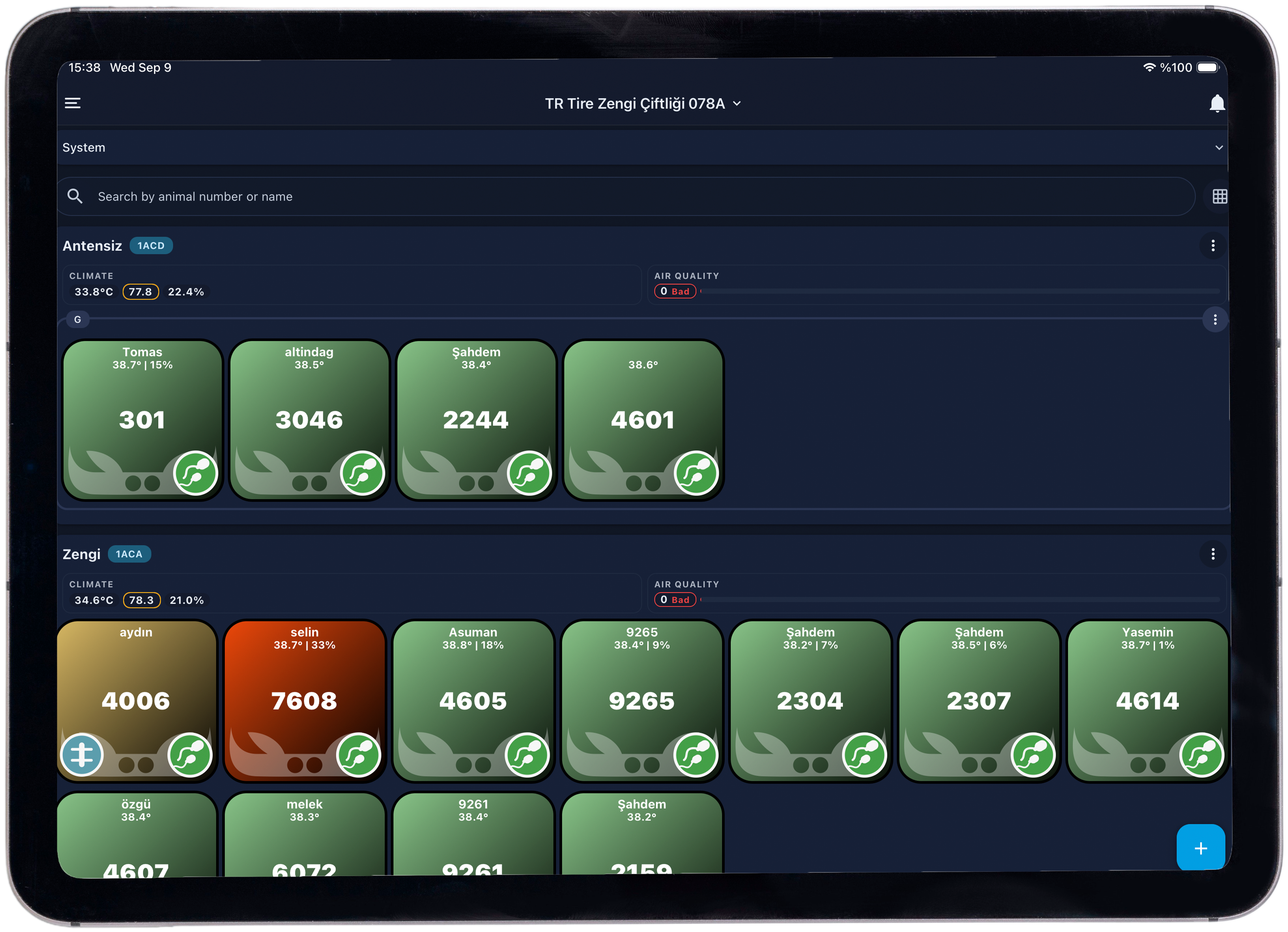 wiCow dashboard on a tablet, showing the interactive cow list